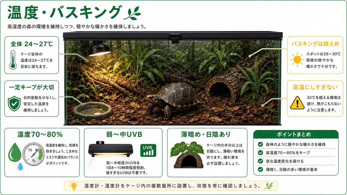 温度・バスキングの要点をまとめたカメレオン・爬虫類飼育インフォグラフィック
