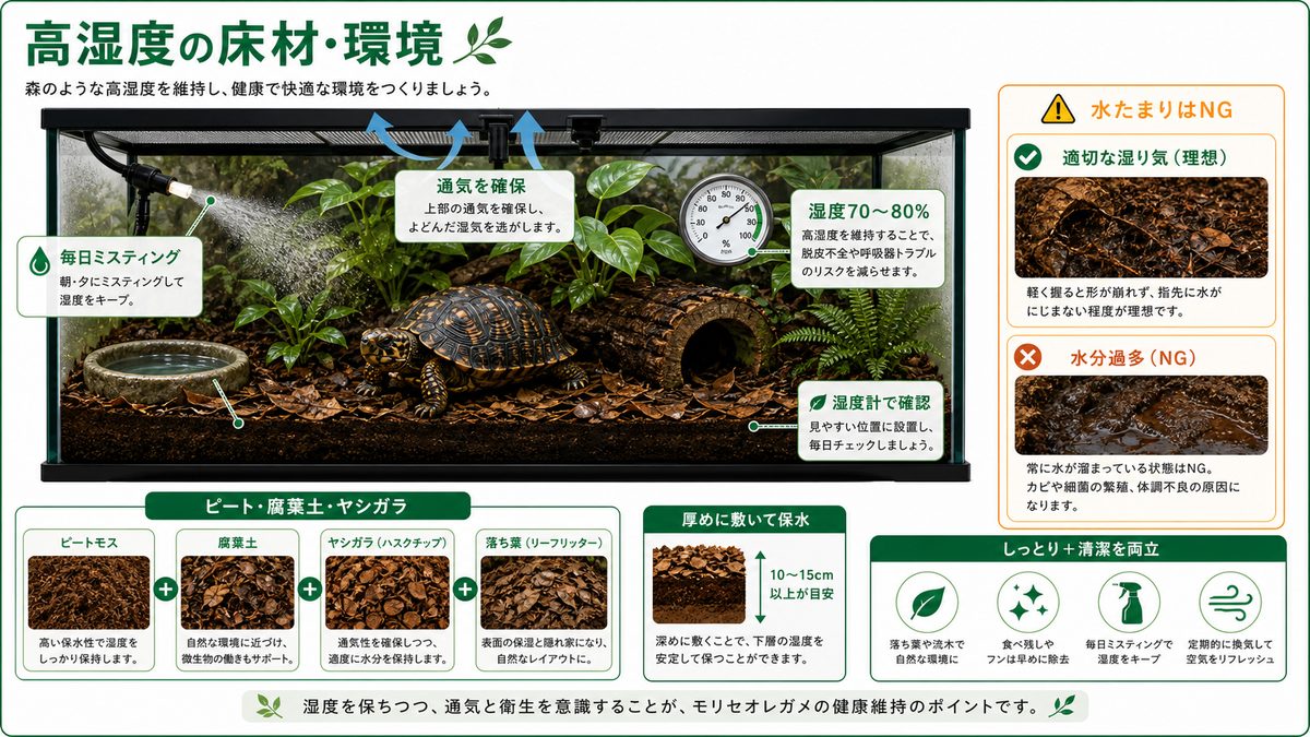 高湿度を保つ床材・環境の要点をまとめたカメレオン・爬虫類飼育インフォグラフィック