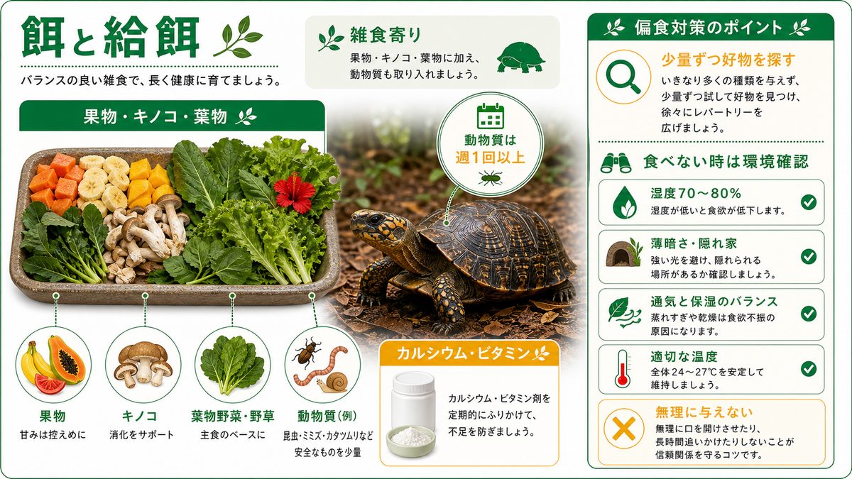 餌と給餌（偏食対策）の要点をまとめたカメレオン・爬虫類飼育インフォグラフィック