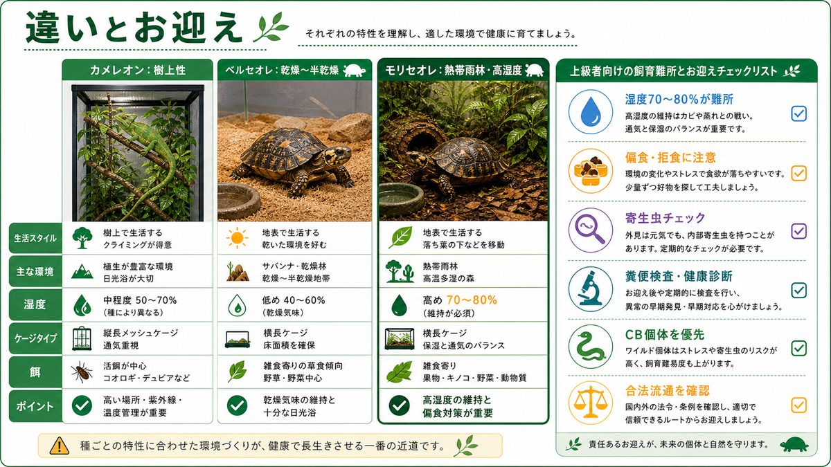カメレオン・ベルセオレとの違い・飼育難所・お迎えの要点をまとめたカメレオン・爬虫類飼育インフォグラフィック