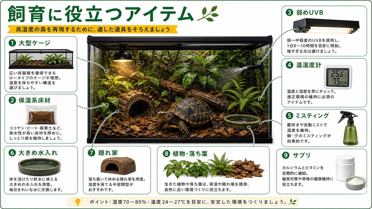 飼育に役立つアイテム（Amazon）の要点をまとめたカメレオン・爬虫類飼育インフォグラフィック