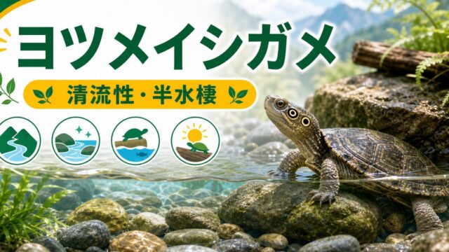 ヨツメイシガメ（Sacalia quadriocellata）飼育完全ガイド｜後頭部に4つの目玉模様を持つ半水棲ガメの特徴・水槽・餌を徹底解説の要点を伝えるカメレオン・爬虫類記事アイキャッチ画像