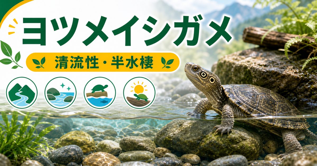 ヨツメイシガメ（Sacalia quadriocellata）飼育完全ガイド｜後頭部に4つの目玉模様を持つ半水棲ガメの特徴・水槽・餌を徹底解説の要点を伝えるカメレオン・爬虫類記事アイキャッチ画像