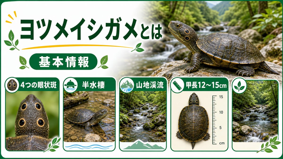 ヨツメイシガメとは（基本情報・4つの目玉模様）の要点をまとめたカメレオン・爬虫類飼育インフォグラフィック