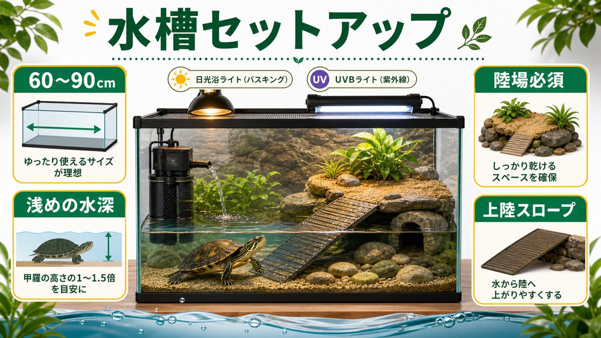 水槽（アクアリウム）のセットアップの要点をまとめたカメレオン・爬虫類飼育インフォグラフィック