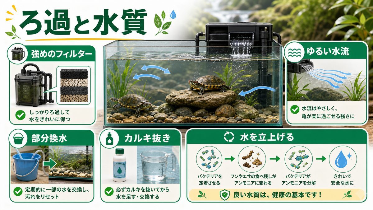 ろ過と水質管理の要点をまとめたカメレオン・爬虫類飼育インフォグラフィック