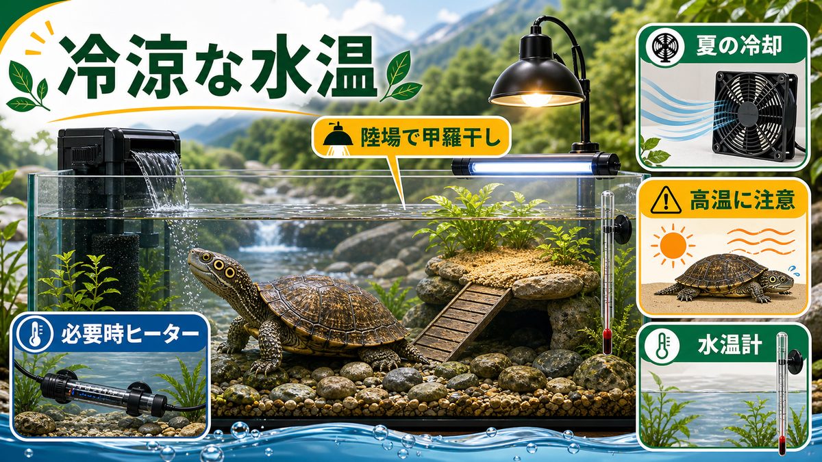 冷涼な水温・バスキング管理の要点をまとめたカメレオン・爬虫類飼育インフォグラフィック