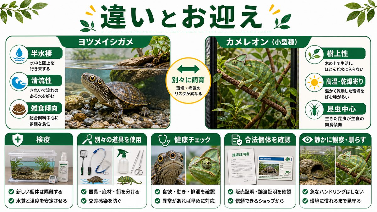 カメレオンとの違い・お迎えと検疫の要点をまとめたカメレオン・爬虫類飼育インフォグラフィック