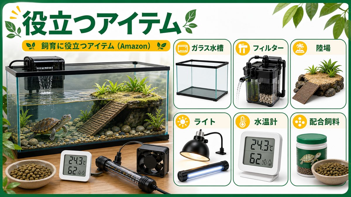飼育に役立つアイテム（Amazon）の要点をまとめたカメレオン・爬虫類飼育インフォグラフィック