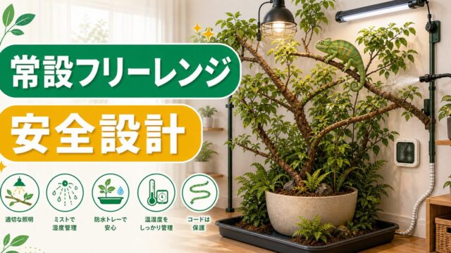 カメレオンの常設フリーレンジ飼育完全ガイド｜壁のないツリー設置型の作り方・脱走/温湿度/UVBの担保を徹底解説の要点を伝えるカメレオン・爬虫類記事アイキャッチ画像