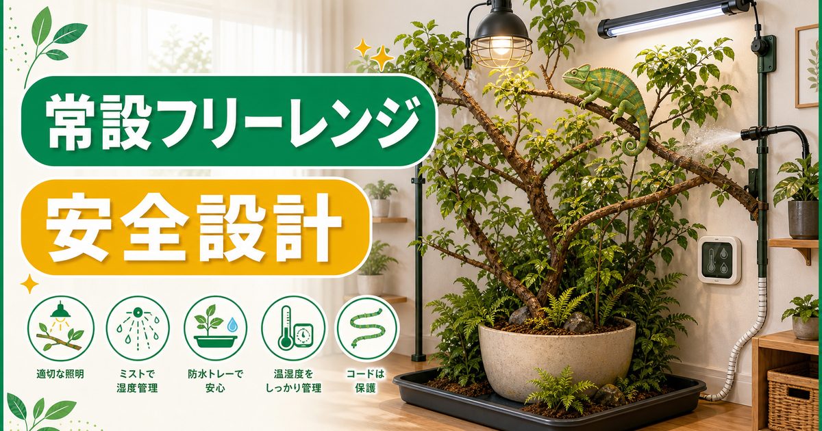 カメレオンの常設フリーレンジ飼育完全ガイド｜壁のないツリー設置型の作り方・脱走/温湿度/UVBの担保を徹底解説の要点を伝えるカメレオン・爬虫類記事アイキャッチ画像