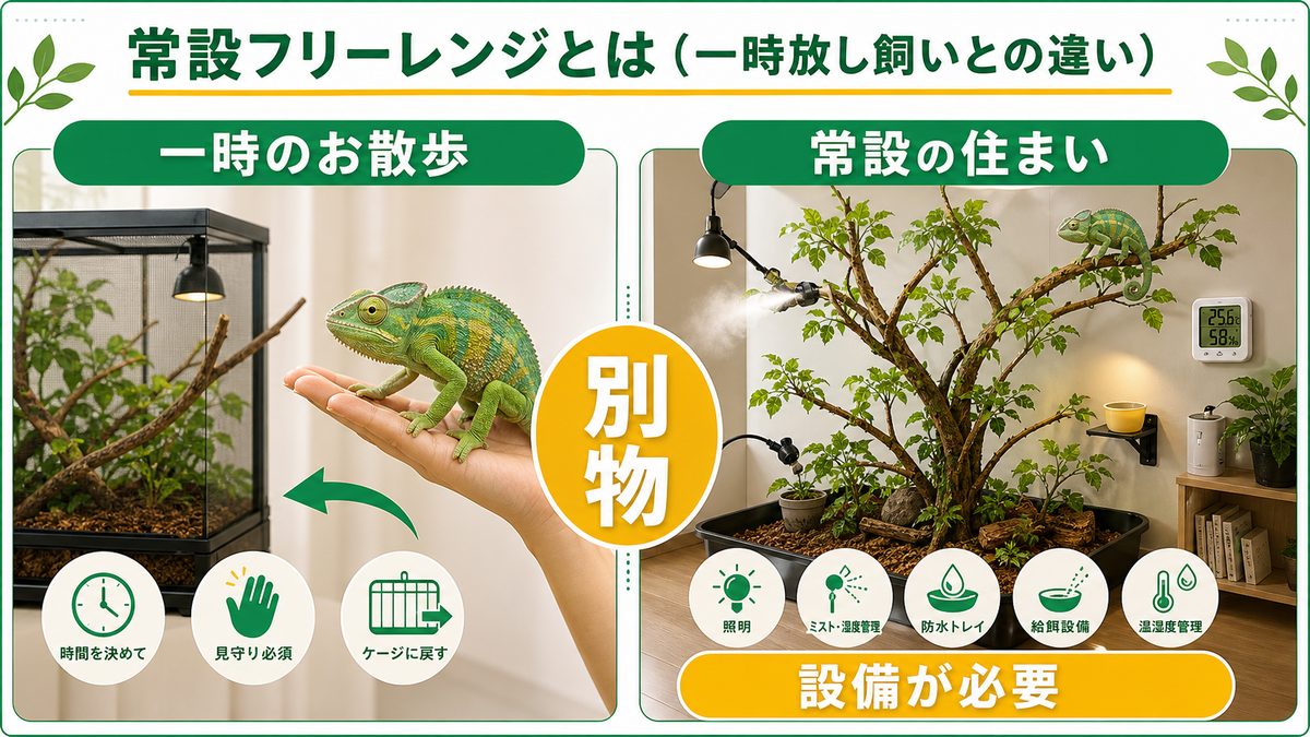 常設フリーレンジとは(一時放し飼いとの違い)の要点をまとめたカメレオン・爬虫類飼育インフォグラフィック