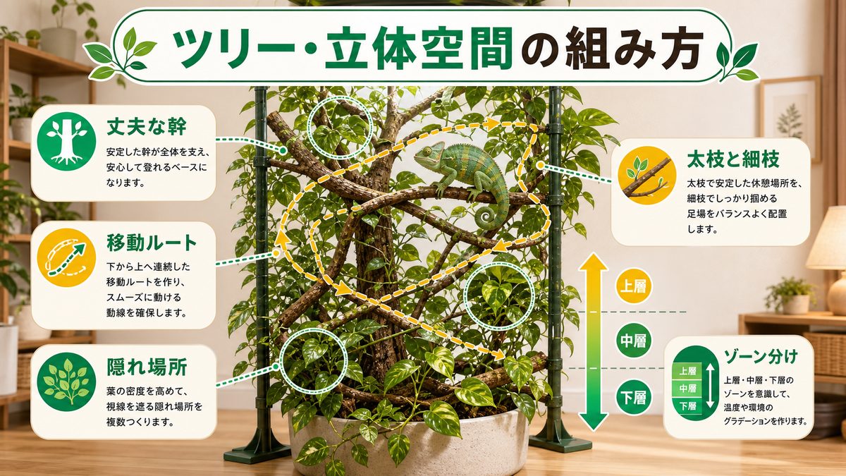 ツリー・立体空間の組み方の要点をまとめたカメレオン・爬虫類飼育インフォグラフィック