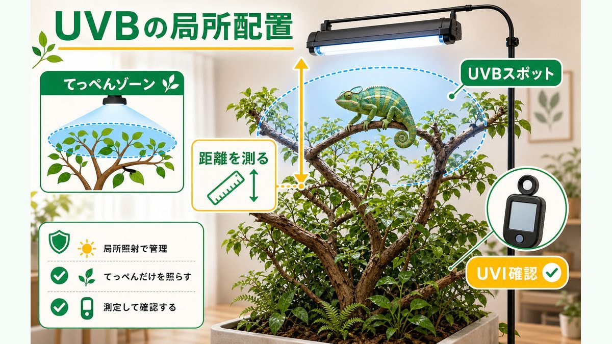UVBの局所配置の要点をまとめたカメレオン・爬虫類飼育インフォグラフィック