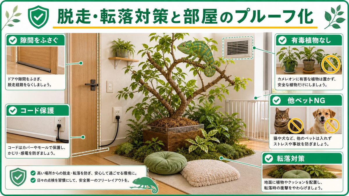 脱走・転落対策と部屋のプルーフ化の要点をまとめたカメレオン・爬虫類飼育インフォグラフィック