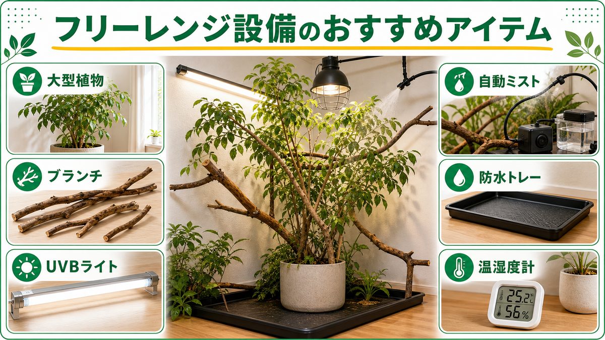 フリーレンジ設備のおすすめアイテムの要点をまとめたカメレオン・爬虫類飼育インフォグラフィック