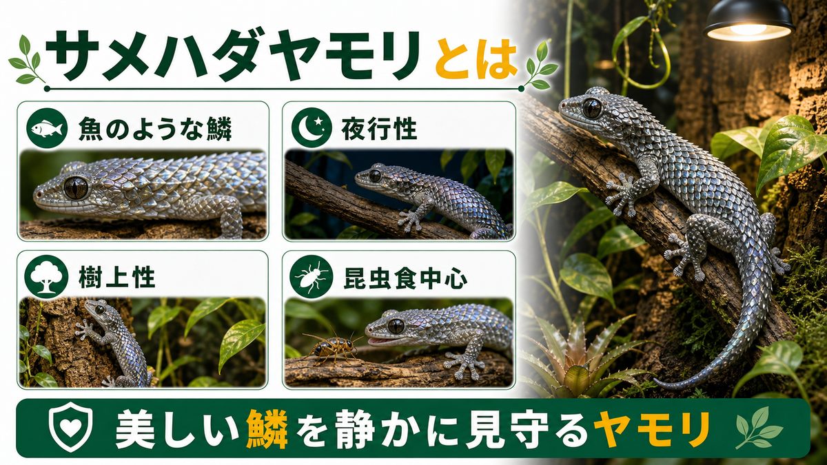 サメハダヤモリ（魚鱗ヤモリ）とはどんなヤモリ？の要点をまとめたカメレオン・爬虫類飼育インフォグラフィック