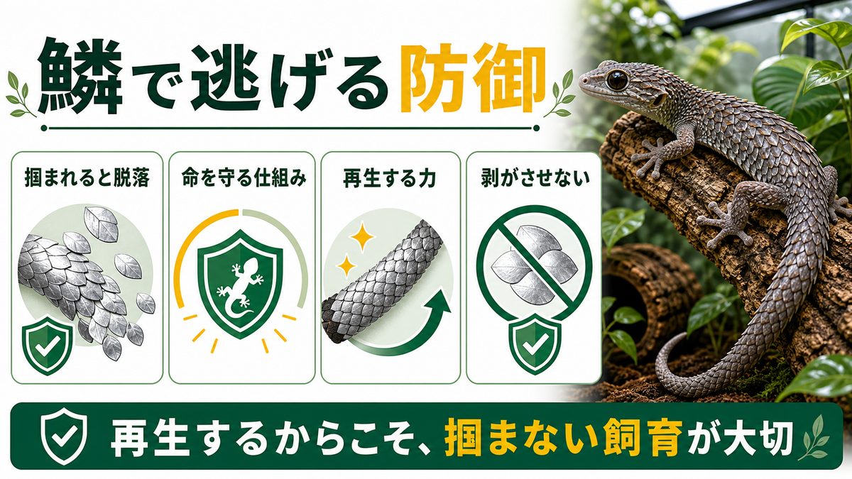 鱗ごと皮膚が剥がれて逃げる、衝撃の防御メカニズムの要点をまとめたカメレオン・爬虫類飼育インフォグラフィック