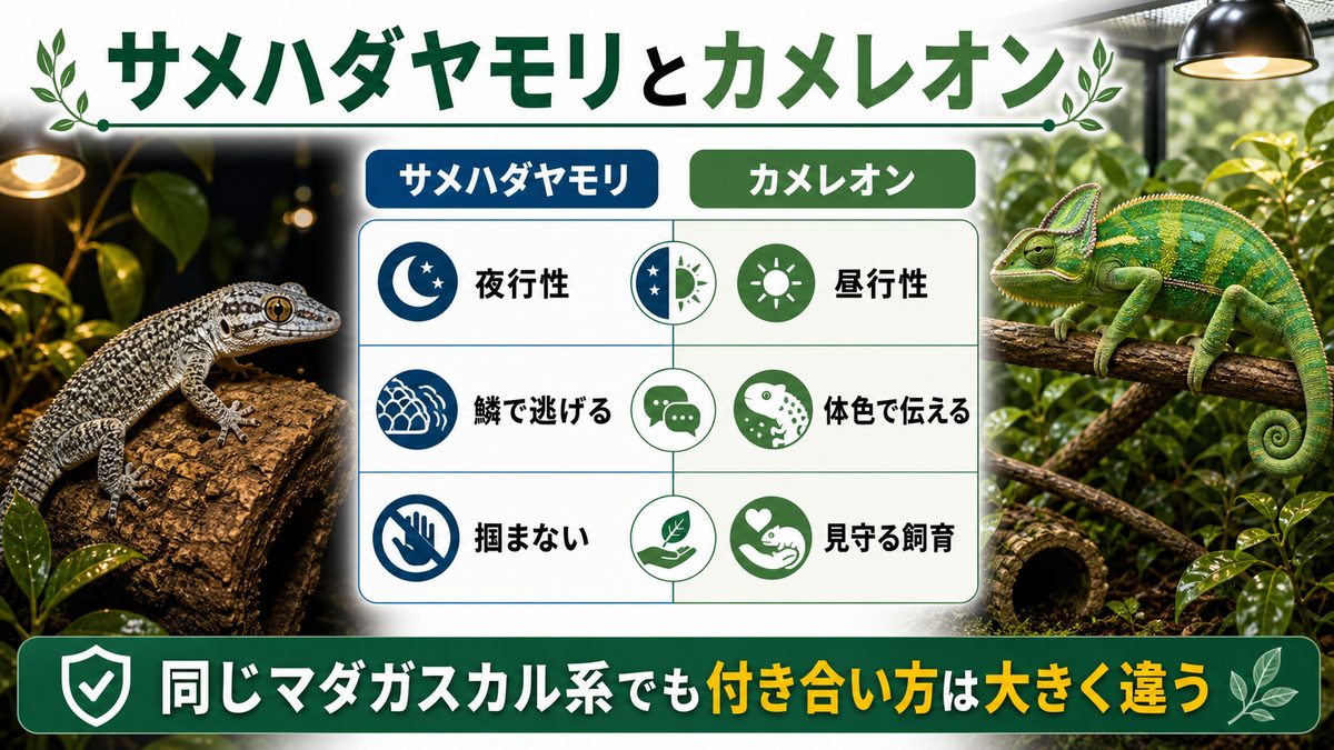 カメレオン（ぺぺ君）との違いを比べてみたの要点をまとめたカメレオン・爬虫類飼育インフォグラフィック