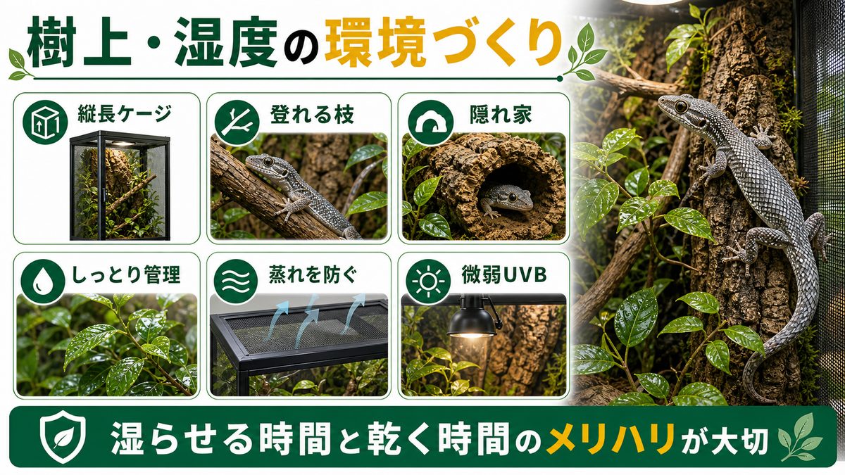 繊細な飼育環境のセットアップ（樹上・湿度）の要点をまとめたカメレオン・爬虫類飼育インフォグラフィック