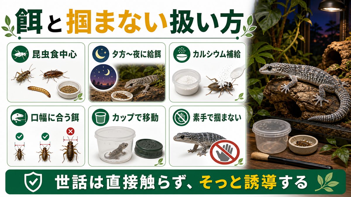 餌の与え方と「掴まない」を徹底した扱い方の要点をまとめたカメレオン・爬虫類飼育インフォグラフィック