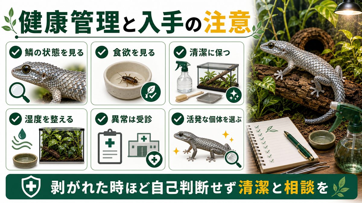 健康管理・皮膚剥離後のケアと入手のリアルの要点をまとめたカメレオン・爬虫類飼育インフォグラフィック