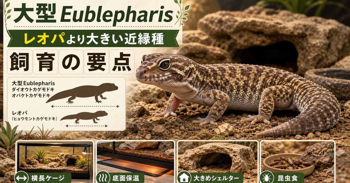 ダイオウ・オバケトカゲモドキ（大型Eublepharis）飼育完全ガイド｜レオパより大きい大型種（fuscus・angramainyu）の特徴・飼育を徹底解説の要点を伝えるカメレオン・爬虫類記事アイキャッチ画像