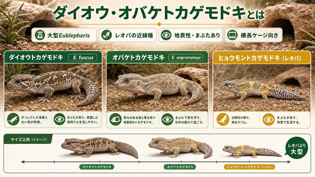 ダイオウ・オバケトカゲモドキとは（大型Eublepharis）の要点をまとめたカメレオン・爬虫類飼育インフォグラフィック