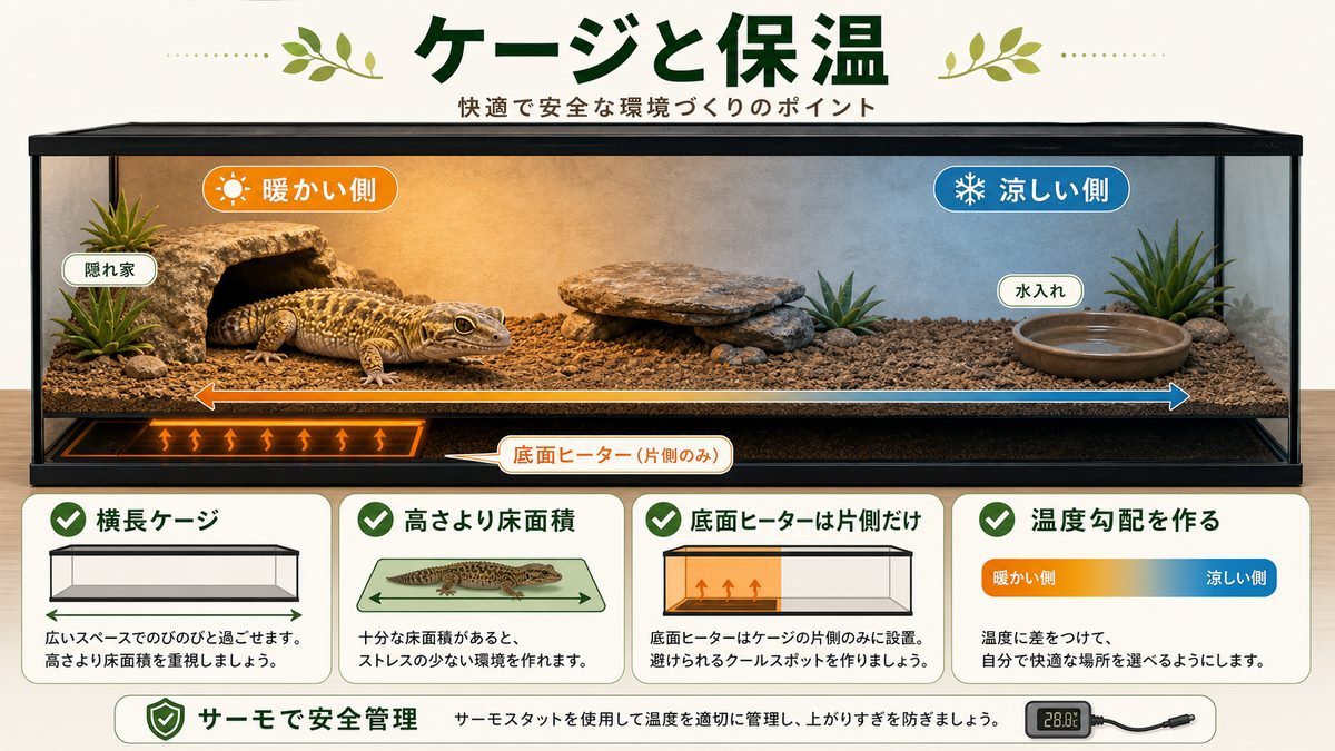 ケージと保温の要点をまとめたカメレオン・爬虫類飼育インフォグラフィック