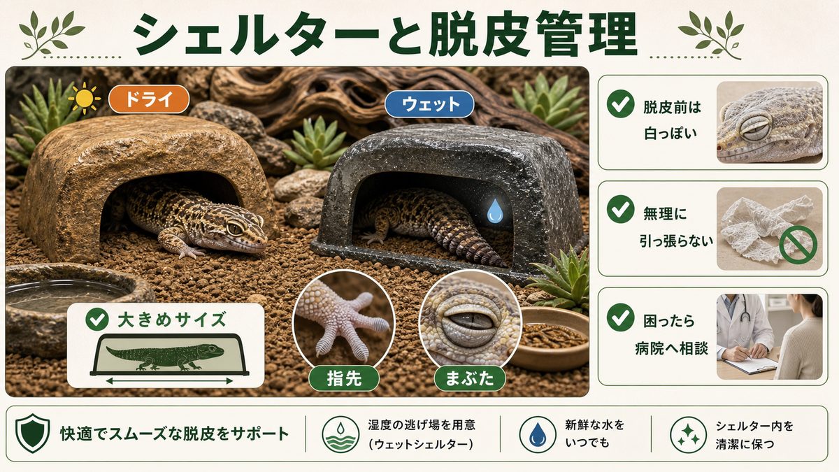 シェルターと脱皮管理の要点をまとめたカメレオン・爬虫類飼育インフォグラフィック