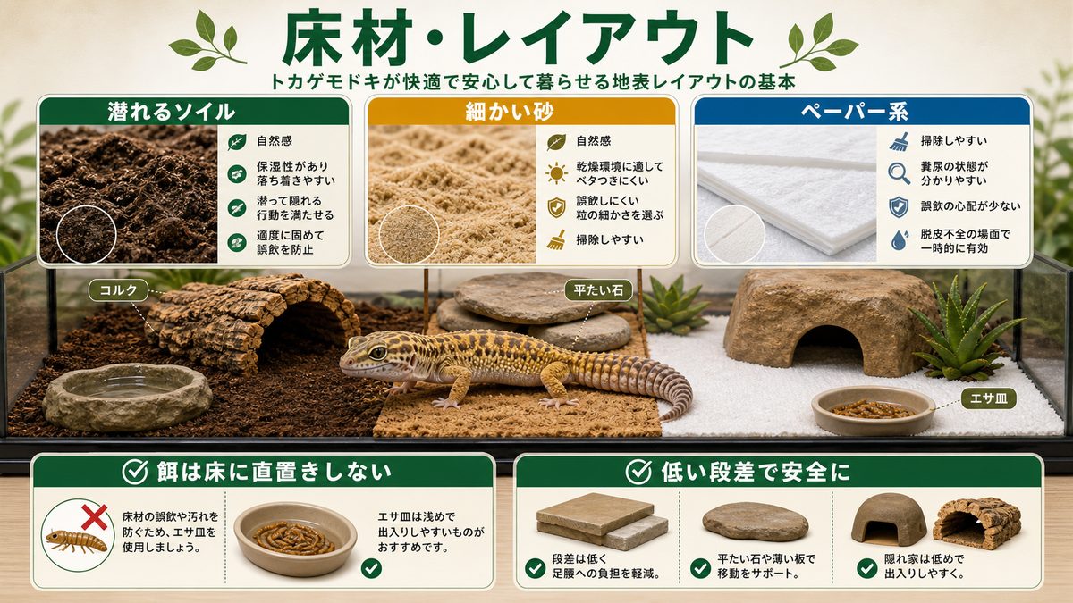 床材・レイアウトの要点をまとめたカメレオン・爬虫類飼育インフォグラフィック