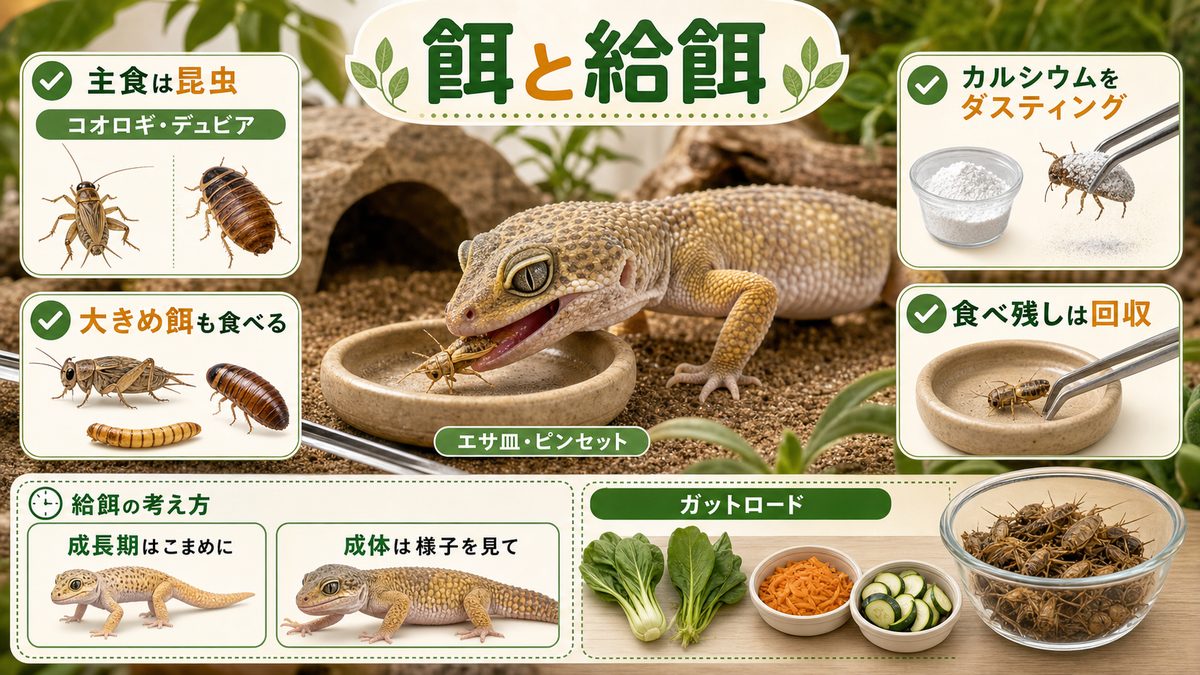 餌と給餌の要点をまとめたカメレオン・爬虫類飼育インフォグラフィック