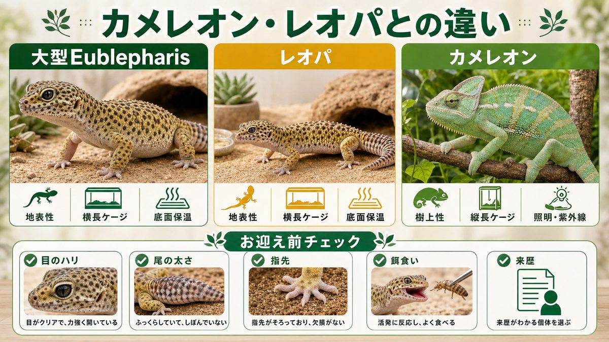 カメレオン・レオパとの違い・お迎えの要点をまとめたカメレオン・爬虫類飼育インフォグラフィック