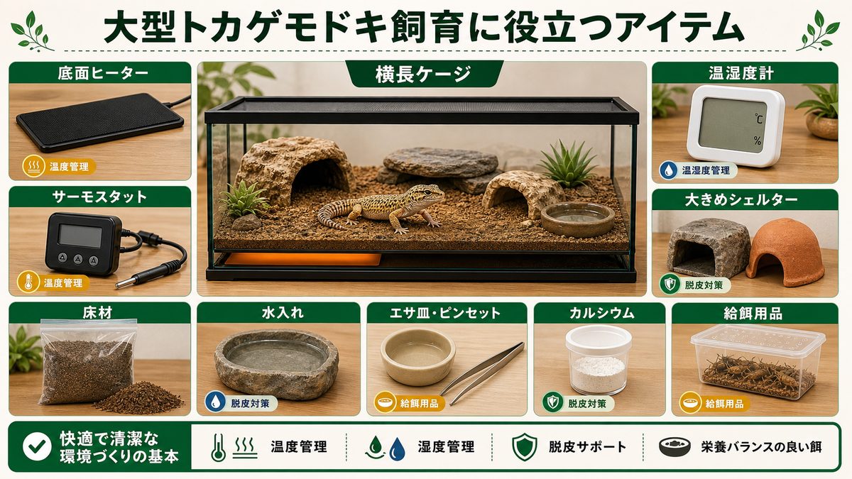 大型Eublepharis飼育におすすめのアイテムの要点をまとめたカメレオン・爬虫類飼育インフォグラフィック