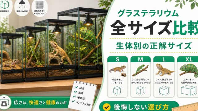 グラステラリウム全サイズ比較表！生体別の正解サイズと後悔しない選び方の要点を伝えるカメレオン・爬虫類記事アイキャッチ画像