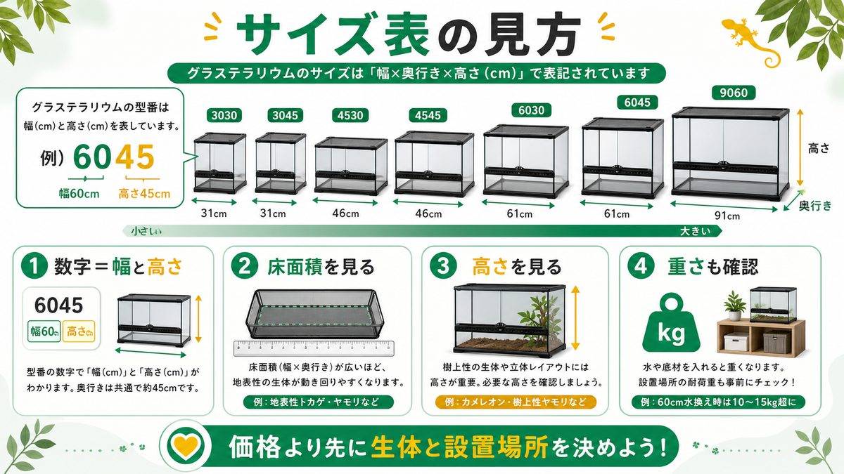 【主役】グラステラリウム全サイズ比較表！外寸・価格・向いている生体の要点をまとめたカメレオン・爬虫類飼育インフォグラフィック