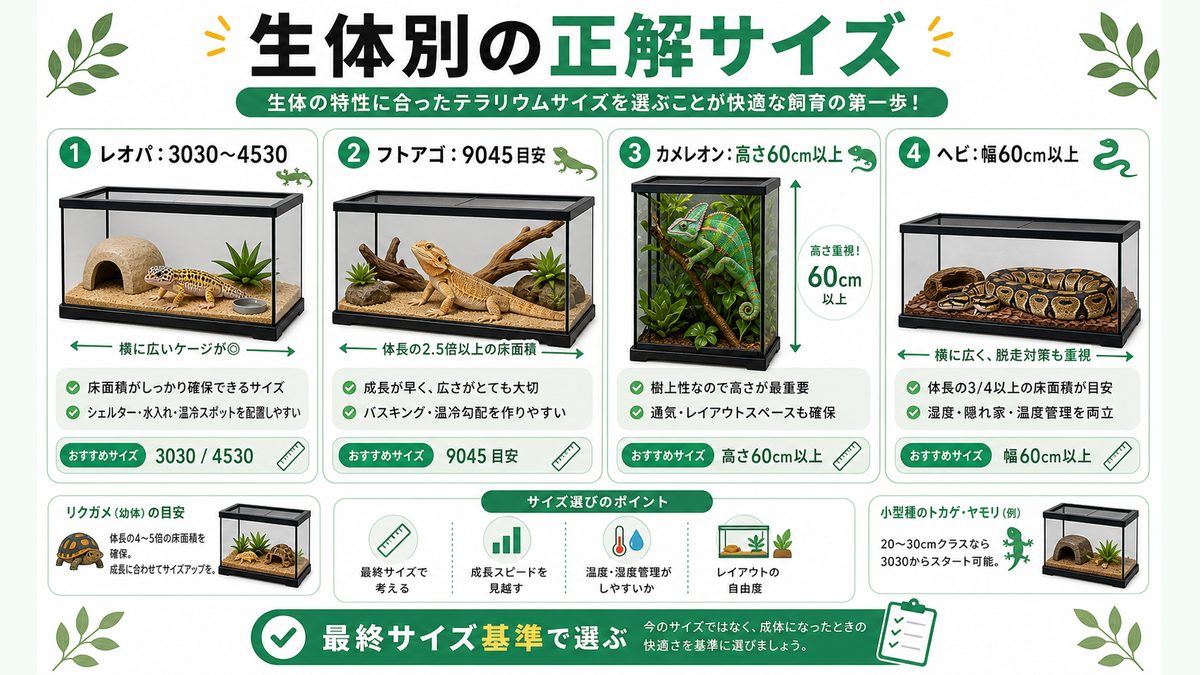 生体別の正解サイズ早見表！レオパ・フトアゴ・カメレオンはこれの要点をまとめたカメレオン・爬虫類飼育インフォグラフィック