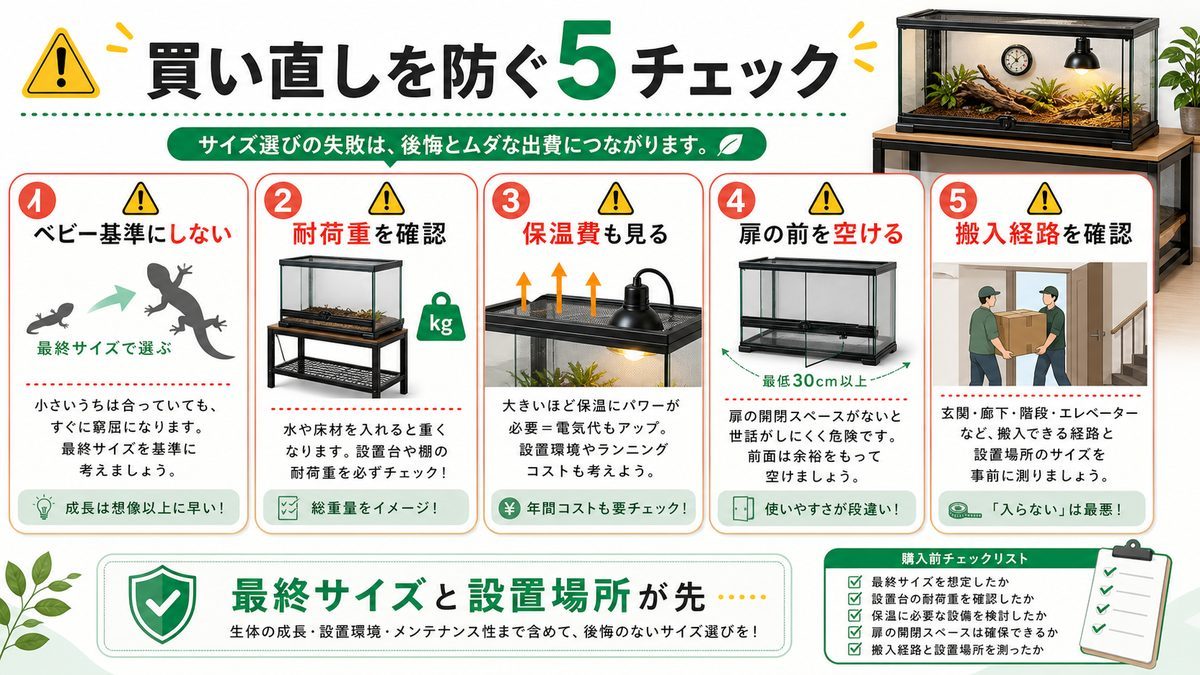 よくある失敗と後悔ポイント5選！「買い直し」を防ぐにはの要点をまとめたカメレオン・爬虫類飼育インフォグラフィック