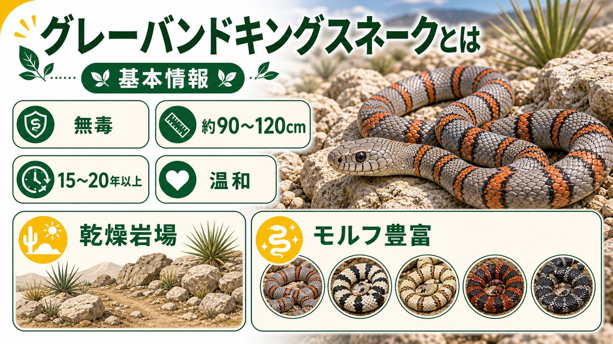 グレーバンドキングスネークとは（基本情報）の要点をまとめたカメレオン・爬虫類飼育インフォグラフィック