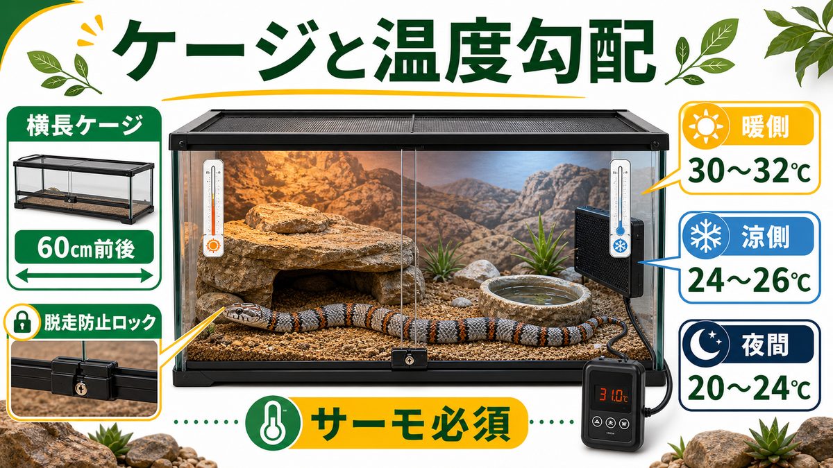 ケージと保温・温度勾配の要点をまとめたカメレオン・爬虫類飼育インフォグラフィック