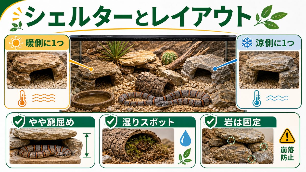 シェルターとレイアウトの要点をまとめたカメレオン・爬虫類飼育インフォグラフィック