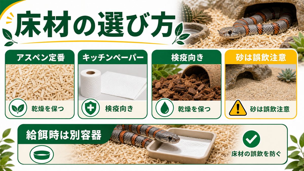 床材の選び方の要点をまとめたカメレオン・爬虫類飼育インフォグラフィック