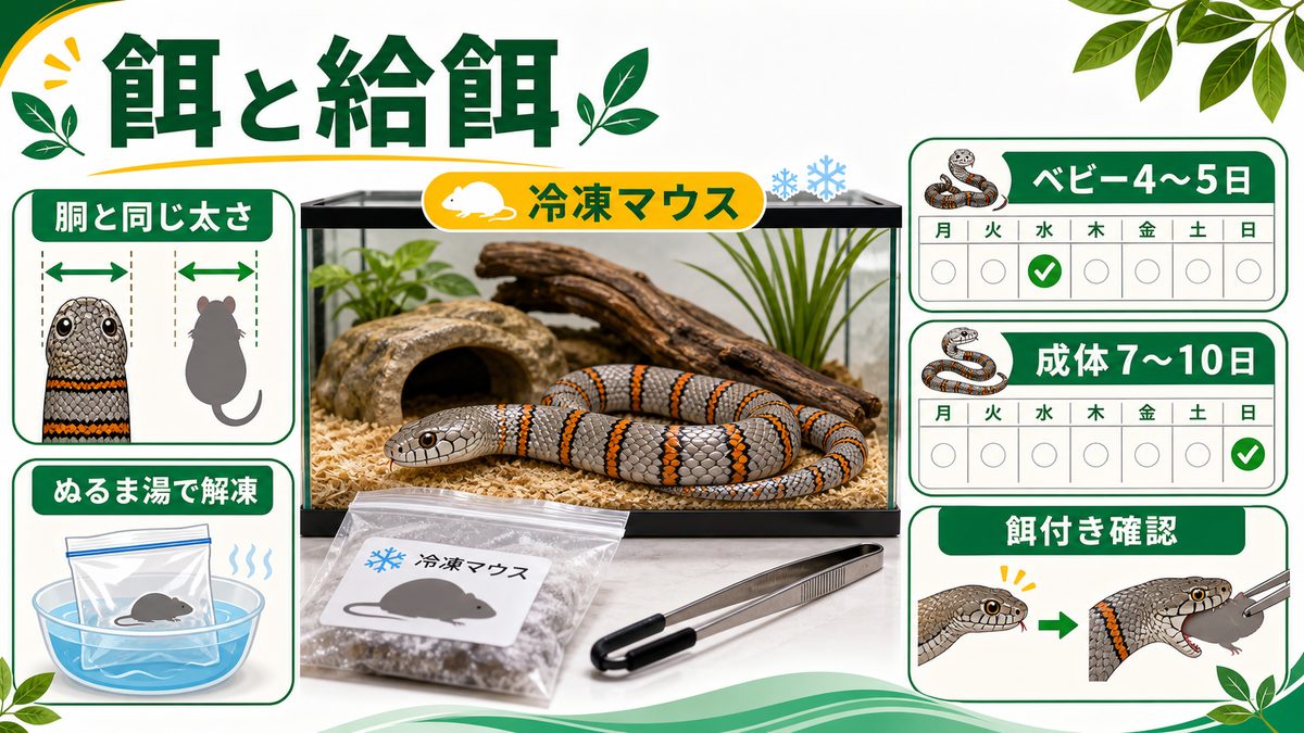 餌と給餌（冷凍マウス）の要点をまとめたカメレオン・爬虫類飼育インフォグラフィック
