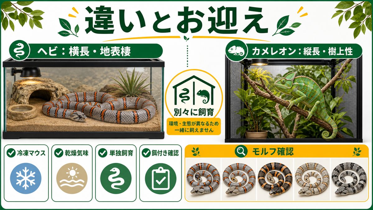 カメレオンとの違い・モルフ・お迎えの要点をまとめたカメレオン・爬虫類飼育インフォグラフィック
