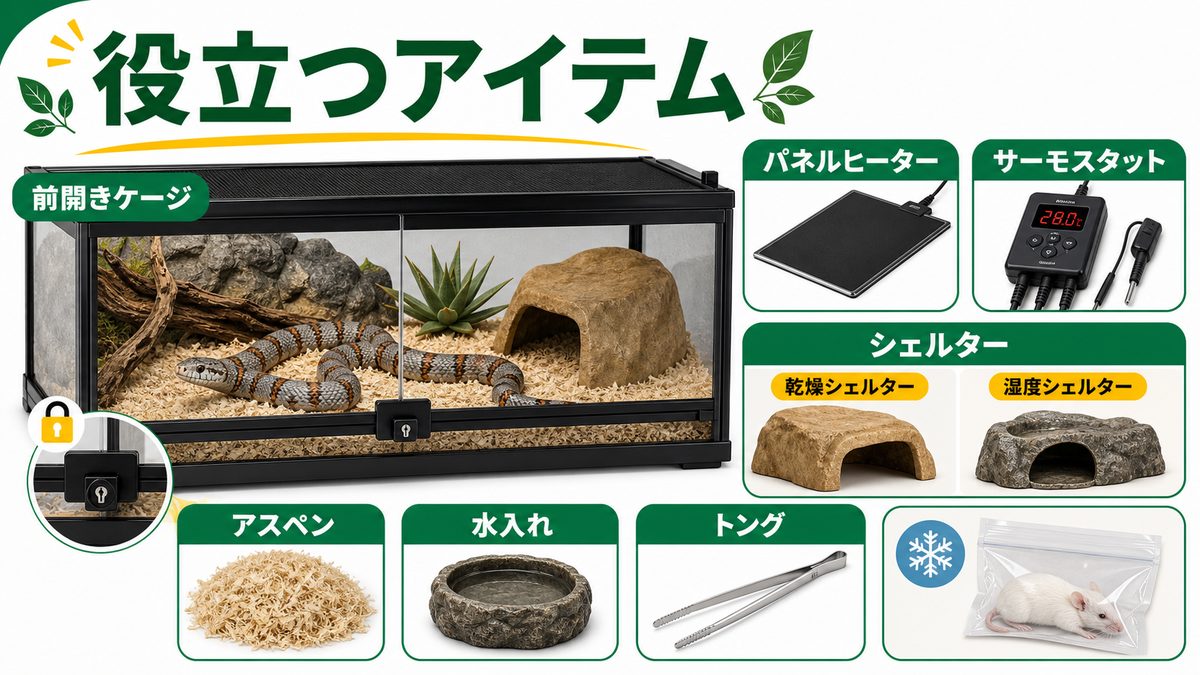 飼育に役立つおすすめアイテムの要点をまとめたカメレオン・爬虫類飼育インフォグラフィック