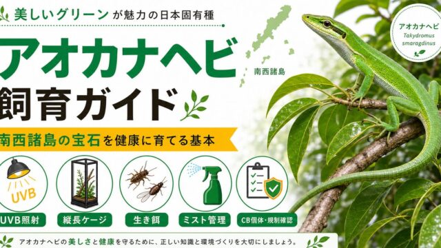 アオカナヘビ（Takydromus smaragdinus）飼育完全ガイド｜鮮やかな緑が美しい南西諸島産カナヘビの特徴・飼育を徹底解説の要点を伝えるカメレオン・爬虫類記事アイキャッチ画像