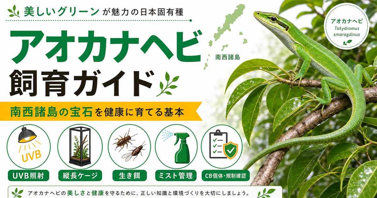 アオカナヘビ（Takydromus smaragdinus）飼育完全ガイド｜鮮やかな緑が美しい南西諸島産カナヘビの特徴・飼育を徹底解説の要点を伝えるカメレオン・爬虫類記事アイキャッチ画像