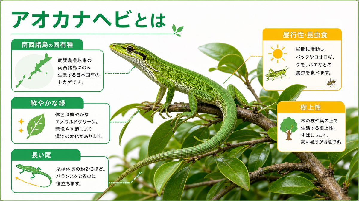 アオカナヘビとは(基本情報・鮮やかな緑)の要点をまとめたカメレオン・爬虫類飼育インフォグラフィック
