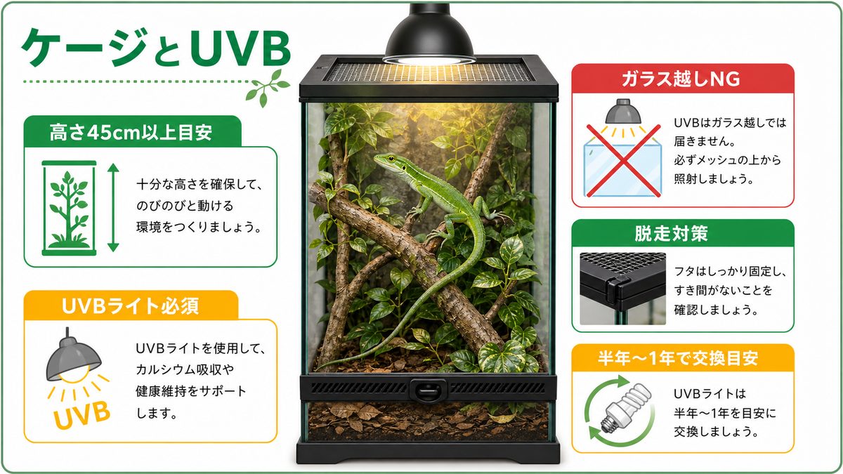 ケージとUVBのセットアップの要点をまとめたカメレオン・爬虫類飼育インフォグラフィック