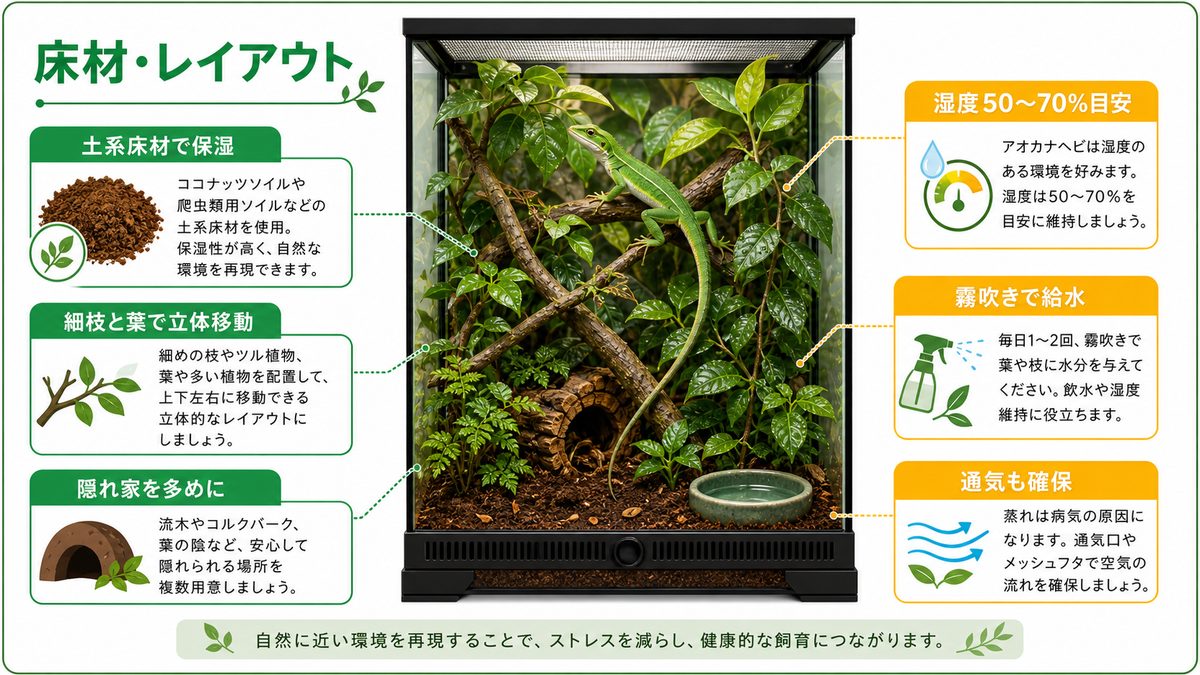 床材・レイアウトの要点をまとめたカメレオン・爬虫類飼育インフォグラフィック